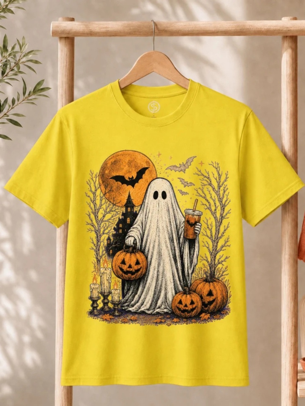 Halloween Ghost Graphic Tee in Yellow Gildan, Vintage Everyday Tee